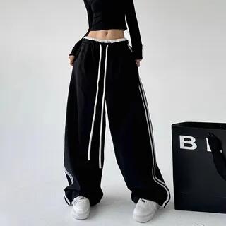 Drawstring Waist Ruffled-Trim Striped Baggy Sweatpants Black by Rosesand