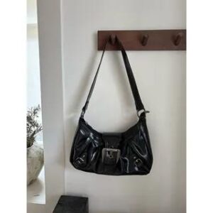 Buckled Faux Leather Shoulder Bag Black 281346916