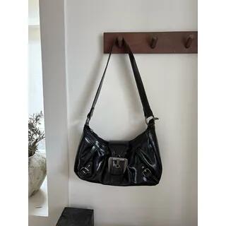 Buckled Faux Leather Shoulder Bag Black by Indenis