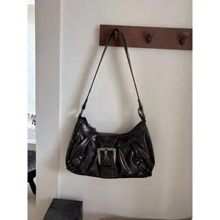 Buckled Faux Leather Shoulder Bag Dark Coffee by Indenis