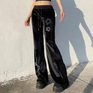 Low Waist Star Rhinestone Velvet Straight-Fit Wide-Leg Pants Black 281346971