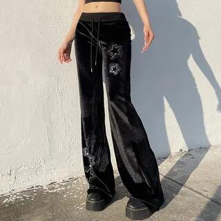 Low Waist Star Rhinestone Velvet Straight-Fit Wide-Leg Pants Black by Sosana
