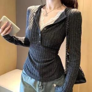Long Sleeve V-Neck Lace-Trim Ribbed-Knit Slim-Fit Top Gray 281346983