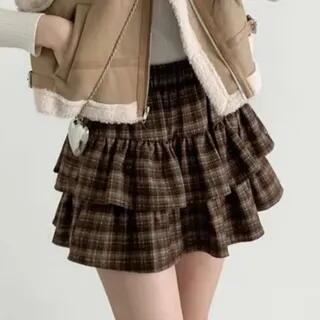 High Waist Plaid Ruffle Hem Tiered Skirt Khaki by MIKIGA