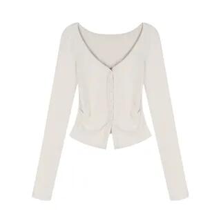 Long-Sleeve V-Neck Button-Up Plain Top Long-Sleeve Top - Off-White by Iduna