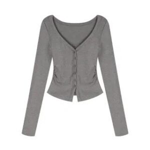 Long-Sleeve V-Neck Button-Up Plain Top Long-Sleeve Top - Gray 281347001