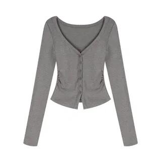 Long-Sleeve V-Neck Button-Up Plain Top Long-Sleeve Top - Gray by Iduna
