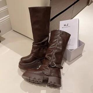 Platform Buckled Panel Knee High Boots Brown by Vindler