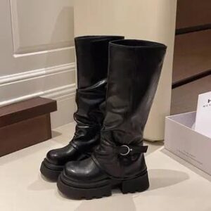 Platform Buckled Panel Knee High Boots Black 281347159