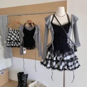 Set: Halter Plain Ruffle Panel Lace Top + Plain Tie Front Cardigan + High Waist Plaid Ruffle Mini A-Line Skirt Set of 3 - Cardigan & Top & Skirt - Gray & Black & White 281347164