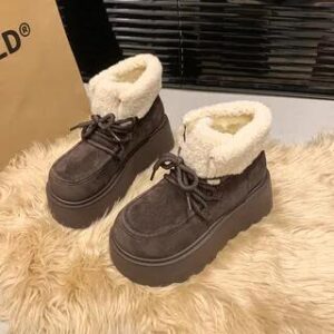 Lace-Up Fleece-Lined Platform Short Snow Boots Coffee - 35 281347177