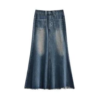 High Waist Fringed Hem Denim Maxi Mermaid Skirt Blue by Mikiko