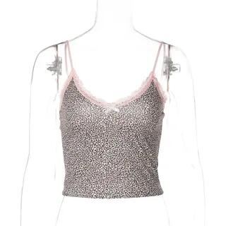 Leopard Print Lace Trim Cropped Cami Top Pink by Sosana