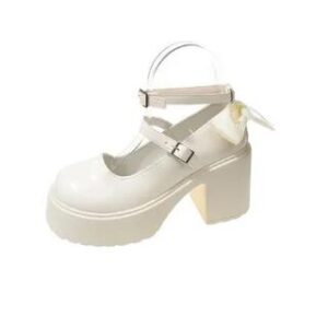 Block Heel Platform Plain Mary Jane Pumps Off-White 281348616
