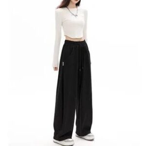 Mid Rise Plain Wide Leg Pants Black 281348623