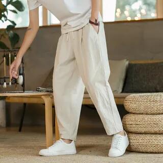 Drawstring Waist Plain Cropped Harem Pants Off-White by YIKES