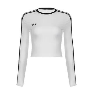 Long Sleeve Contrast-Trim Bow Embroidered Striped Slim-Fit Crop Top White by Sosana