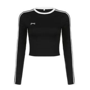 Long Sleeve Contrast-Trim Bow Embroidered Striped Slim-Fit Crop Top Black 281348847