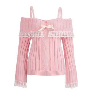 Long Sleeve Cold-Shoulder Lace-Trim Plain Ribbed-Knit Loose-Fit Sweater Pink by Rosesand