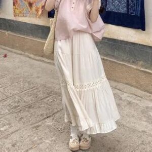 Short Sleeve Crew Neck Lace Trim Blouse / Mid Waist Midi A-Line Skirt Skirt - Almond 281349076