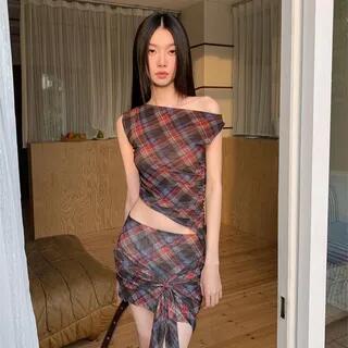 Plaid Asymmetrical Mesh Crop Tank Top / Low Rise Knot Mini Pencil Skirt Tank Top - Plaid - Brown by haruokiea