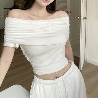 Off Shoulder Short Sleeve Plain Cropped Top Black by HYAKU