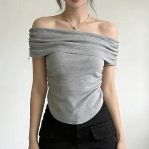 Off Shoulder Short Sleeve Plain Cropped Top White 281349436