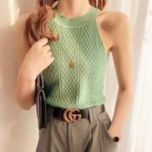 Halter Neck Plain Slim Fit Crop Knit Top Green 281349531