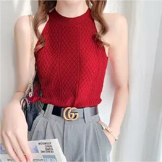 Halter Neck Plain Slim Fit Crop Knit Top Maroon by INEN