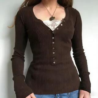 Long Sleeve Lace-Panel Ribbed-Knit Slim-Fit Top Black by Sosana