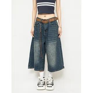 Low Rise Washed Wide-Leg Denim Pants Dark Blue by Bolgivy