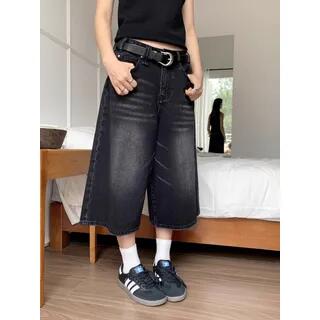 Low Rise Washed Wide-Leg Denim Pants Black by Bolgivy