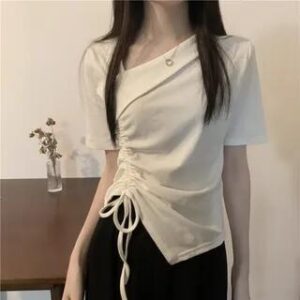 Short-Sleeve Asymmetrical Neck Plain Drawstring T-Shirt White 281349614