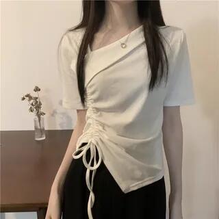 Short-Sleeve Asymmetrical Neck Plain Drawstring T-Shirt White by ANORA