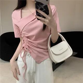 Short-Sleeve Asymmetrical Neck Plain Drawstring T-Shirt Pink by ANORA