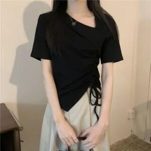 Short-Sleeve Asymmetrical Neck Plain Drawstring T-Shirt Black 281349622