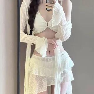 Set: Halter Plain Bikini Top + Bikini Bottom + Patterned Ruffle Asymmetrical Swim Skirt + Cover Up Off-White by CUCURBIT