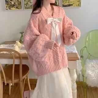 V-Neck Bow Cable Knit Sweater Pink by Sisyphi