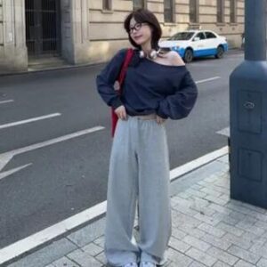 One Shoulder Plain Sweatshirt / Drawstring Waist Plain Wide Leg Sweatpants Sweatshirt - Dark Blue 281349951