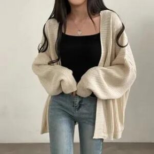 Plain Ribbed Open Front Cardigan Beige 281350004
