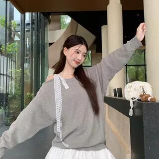 Crewneck Asymmetrical Sweater / Mini A-Line Skirt Sweater - Gray by Trendycas