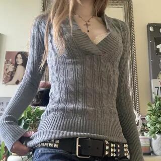 Long Sleeve V-Neck Plain Cable-Knit Slim-Fit Hooded Sweater Gray by Sosana