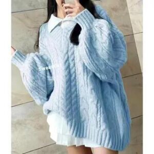 V-Neck Bow Cable Knit Sweater Blue 281350052