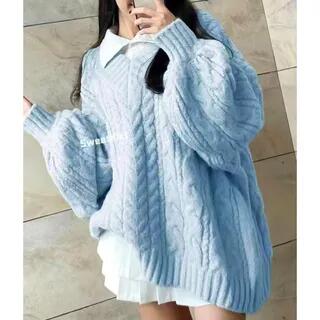 V-Neck Bow Cable Knit Sweater Blue by Sisyphi
