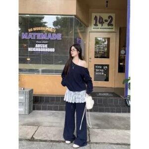 Boatneck Plain Sweatshirt / Sleeveless Lace Top / Drawstring Waist Baggy Pants Sleeveless Top - White 281350084
