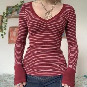 Red Striped V-Neck Top fashion styling inspiration