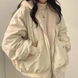 Hooded Plain Fleece Lined Zip Jacket Reversible - Thicken - Almond 281350123