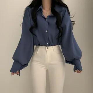 Puff-Sleeve Button-Up Blouse Blue by Sisyphi