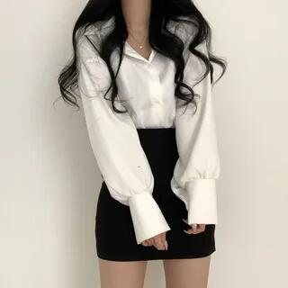 Puff-Sleeve Button-Up Blouse White by Sisyphi