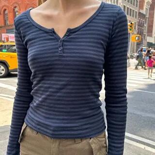 Long Sleeve Half-Button Striped Slim-Fit Crop Top Brown by Honet